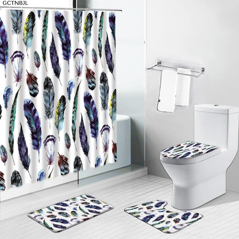 

Feathers Shower Curtain 4pcs Sets Bath Mat Sets Boho Bathroom Decor Bath Curtain Anti Slip Bathroom Rugs Foot Mat Toilet Cover