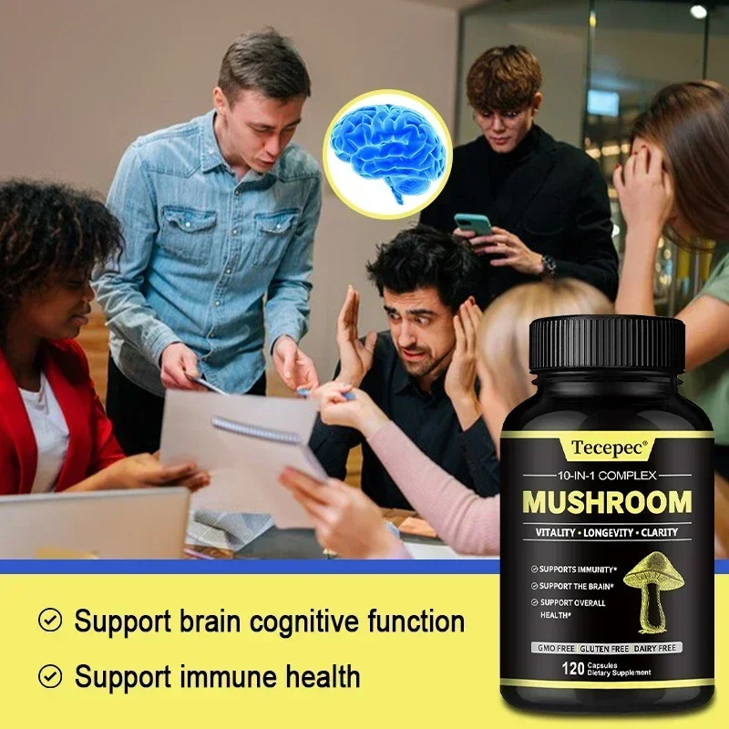 10-in-1 Mushroom Complex Lion's Mane, Reishi, helps with brain clarity and function, improves memory, concentration and thinking