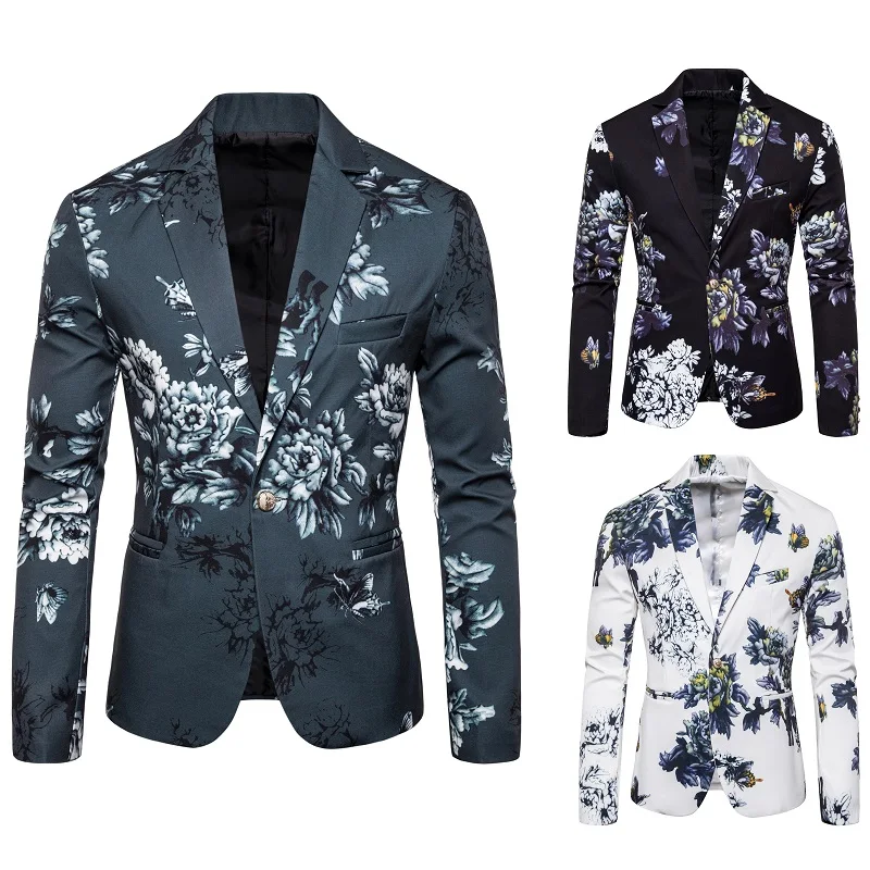 Mens Floral Print Blazer Jacket Korean Trend Streetwear Hip Hop Casual Suit Male Slim Fit Blazers Masculino Homme Coat