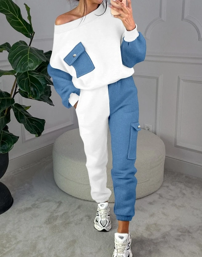 

Fashion Two Piece Set Women Outfit 2023 Autumn Long Sleeve Colorblock Pocket Design Sweatshirt & Casual Cuffed Sweatpants Set