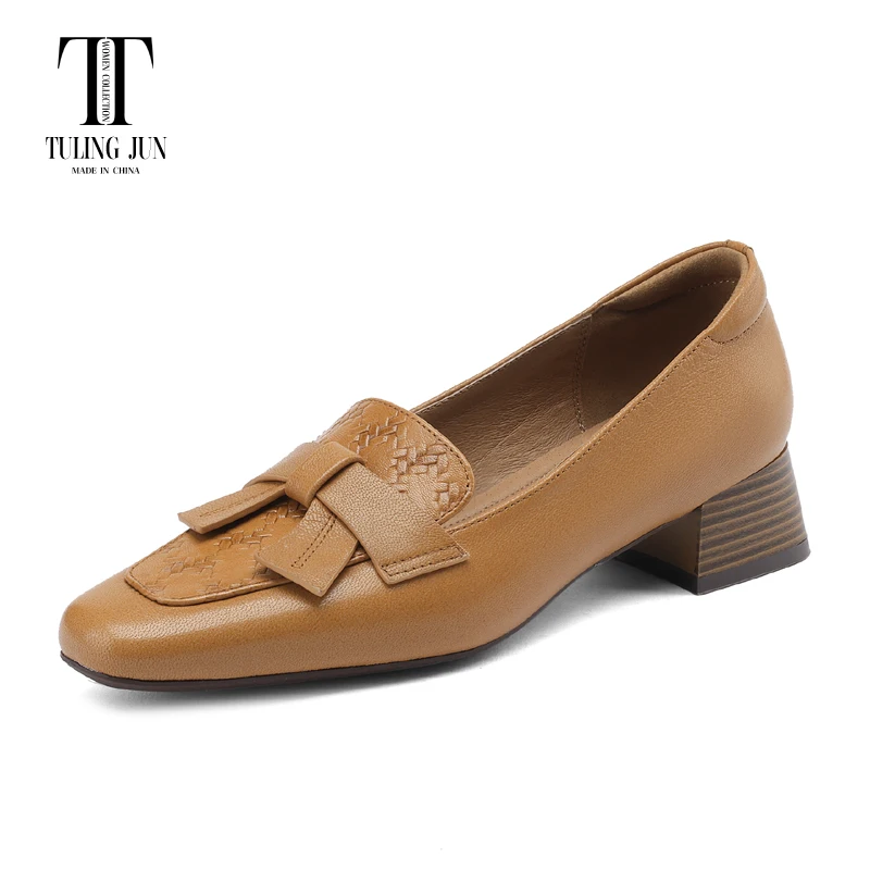 

TULING JUN 2023 Spring Autumn British Style Women Square Toe Butterfly-knot Med-Heels Solid Color Casual Single Shoes DT-A370-1