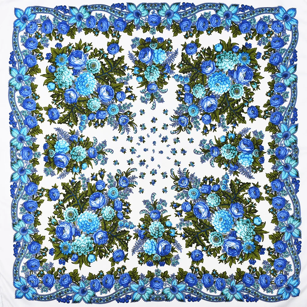 Russian Scarf Shawls Women Fringed Square Bandana Muslim Headscarf Hijab National Floral Blanket Scarves 110x110cm 3