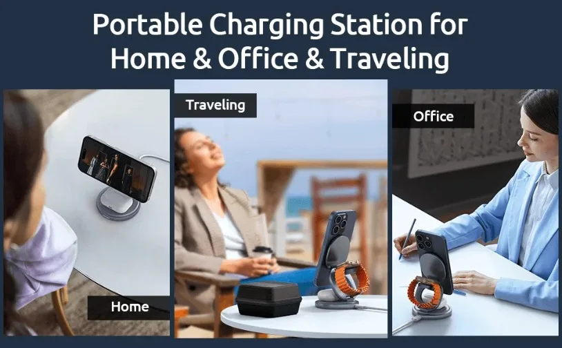 VIKEFON Portable Magnetic Zinc Alloy Travel Fast Wireless Charger Stand For Magsafe iPhone 17-12 Apple Watch 9 8 Airpods Pro