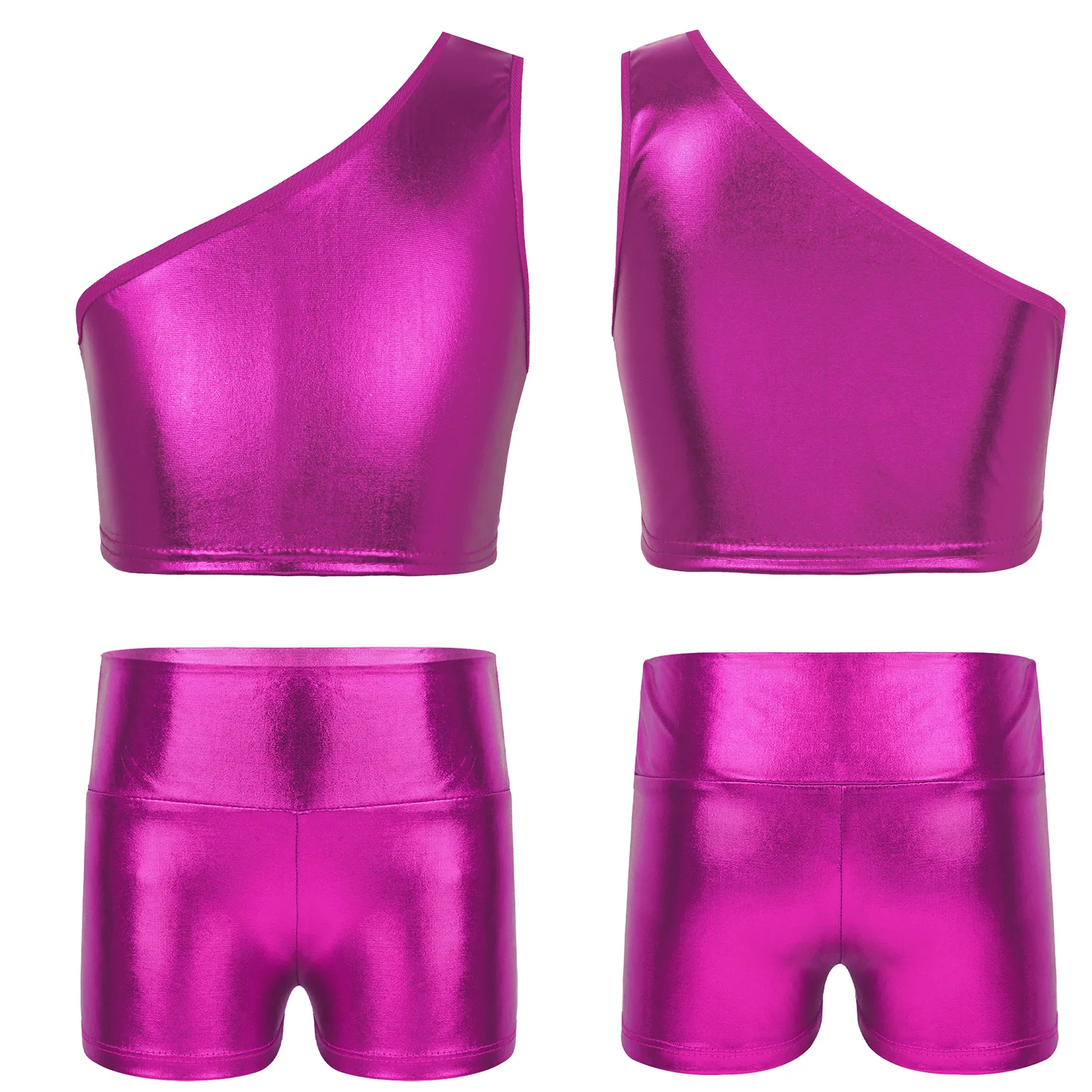 

Kids Girls Jazz Hip Hop Dance Costume Metallic Single Shoulder Crop Top+Shorts Outfit Sports Gymnastics Workout Street Dancewear