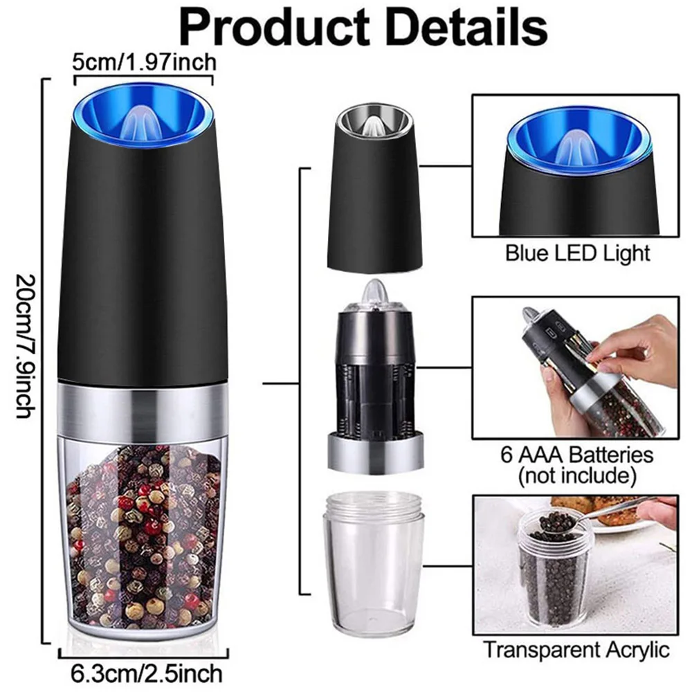1pcs Gravity Electric Pepper Grinder, Salt or Pepper Mill & Adjustable Coarseness, Battery Powered with LED Light, Automatic