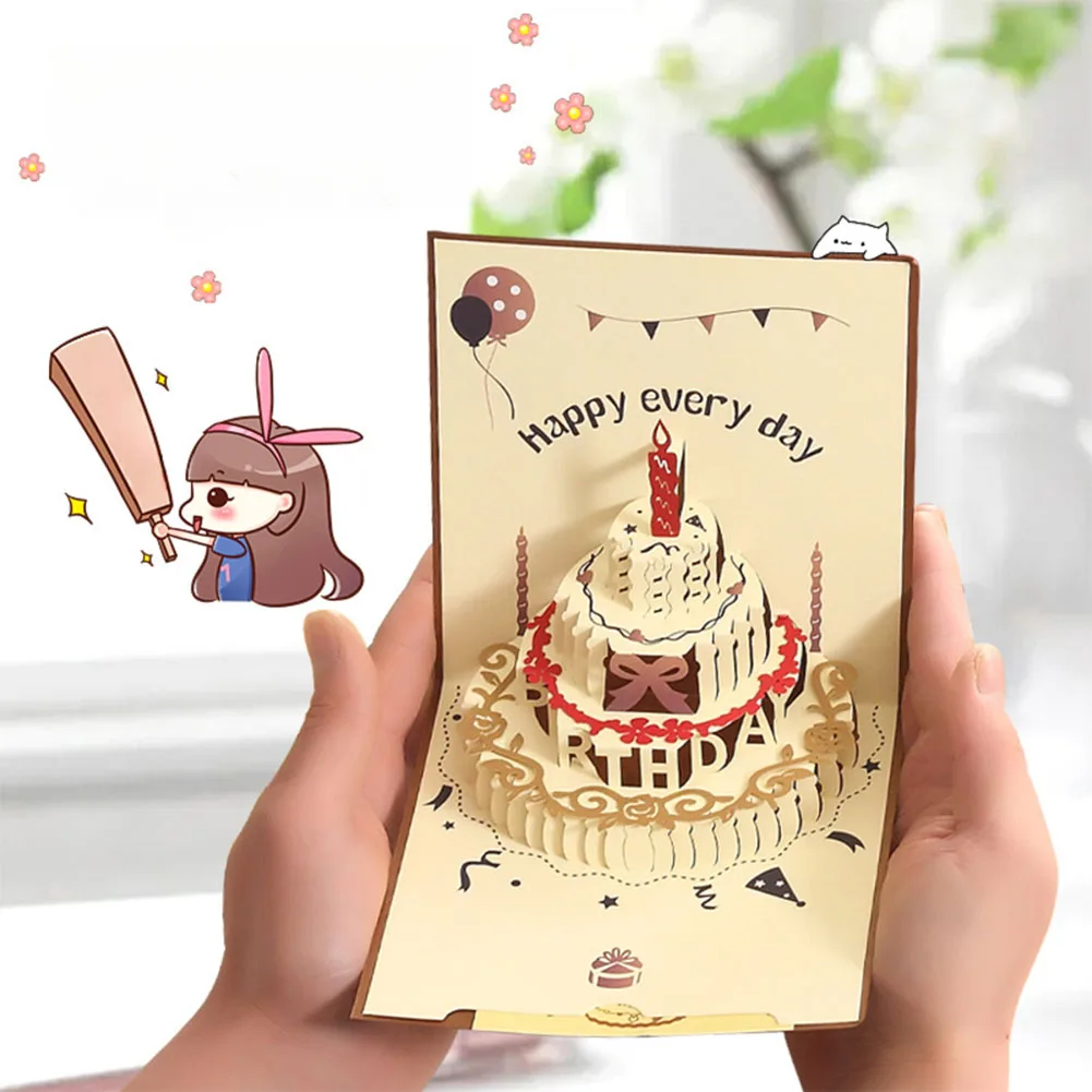3D Happy Birthday Card Pop-Up Greeting Cards Foldable Congratulation Postcard Gifts With Envelope For Valentine Anniversary
