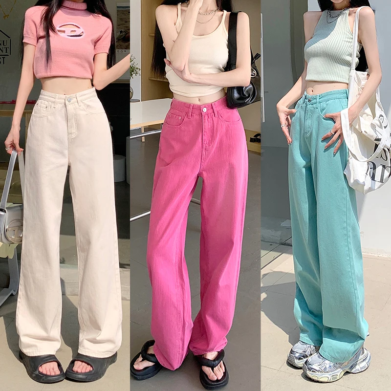 

S-XL 3Candy Colors Summer American Style women long Straight denim pants High waist Wide Leg Denim jeans for womens(L60028