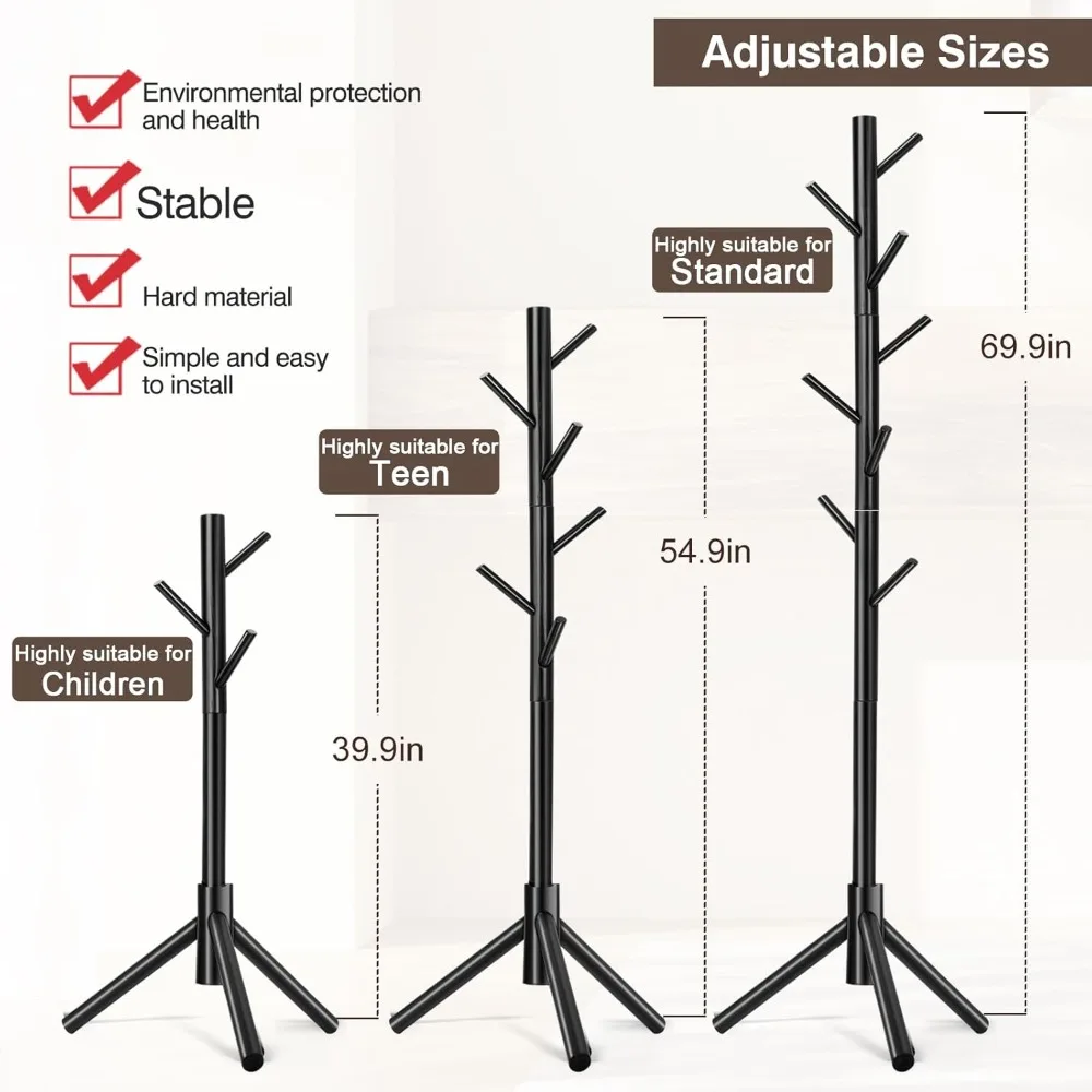 Coat Rack, Freestanding Coat Rack with 8 Hooks and 3 Adjustable Size Tree Coat Racks for Bedroom, Hallway, Entrance, Office, for