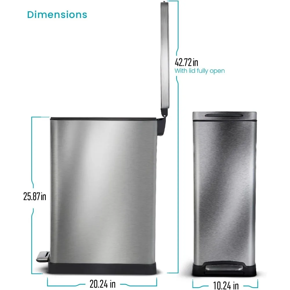 12 Gallon Slim Kitchen Trash Can with Slow Close Lid and Step Pedal, Stainless Steel, Silver, 45 Liters