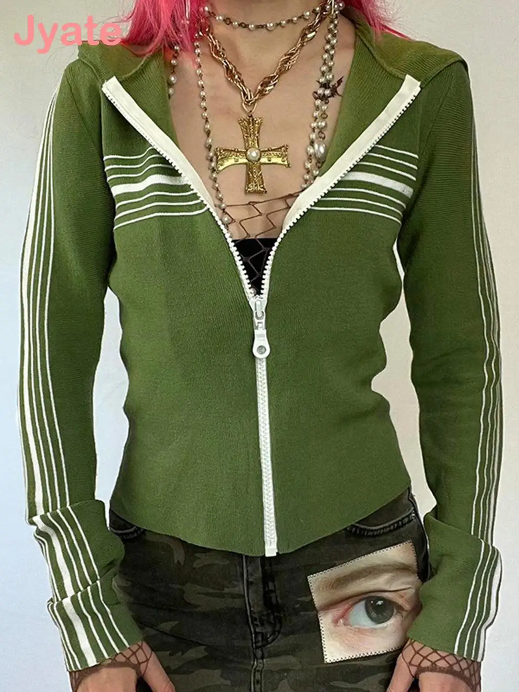 

Jyate Striped Print Knit Vintage Hooded Jackets Y2K Aesthetic Zipper Cute Clothing Harajuku Autumn 90s Outwears Green