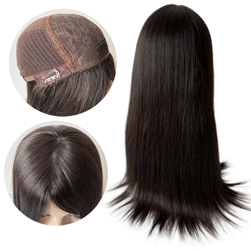 

20 inches European Virgin Human Hair #1b Black Kosher Wig 180% Density Silky Straight 4x4 Silk Top Jewish Wigs for White People