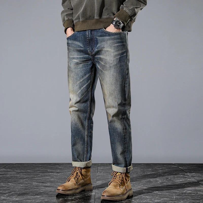 

High Quality 99% Cotton Red Selvedge Denim Men Jeans Retro Heavyweight Distressed Heavy Brushed Washed Straight Pants Trousers