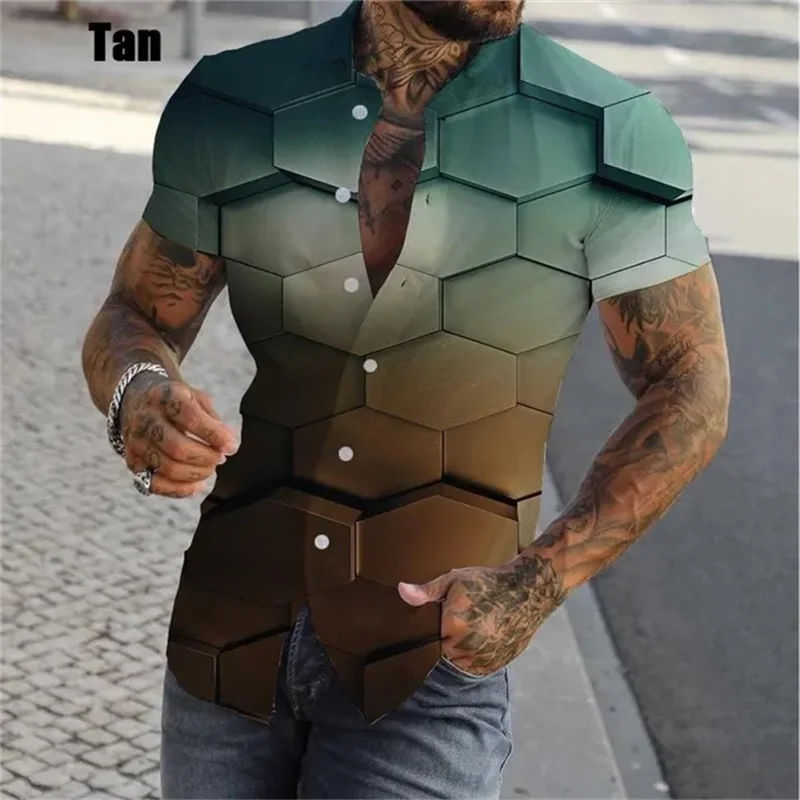 thumbnail image 1 of Camisa con estampado geométrico y personalidad en 3D para hombre, camisas casuales de manga corta con botones, camisas de playa de gran tamaño para hombre, 1 of 4