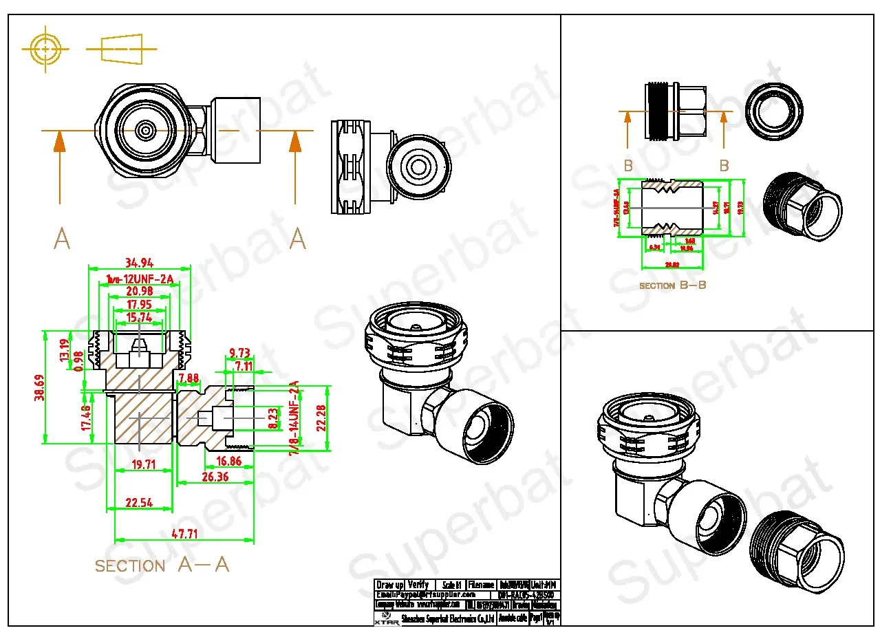Superbat 7/16 DIN Male Center Right Angle Clamp Cable Mount RF Coaxial Connector for 1/2" Flexible Cable