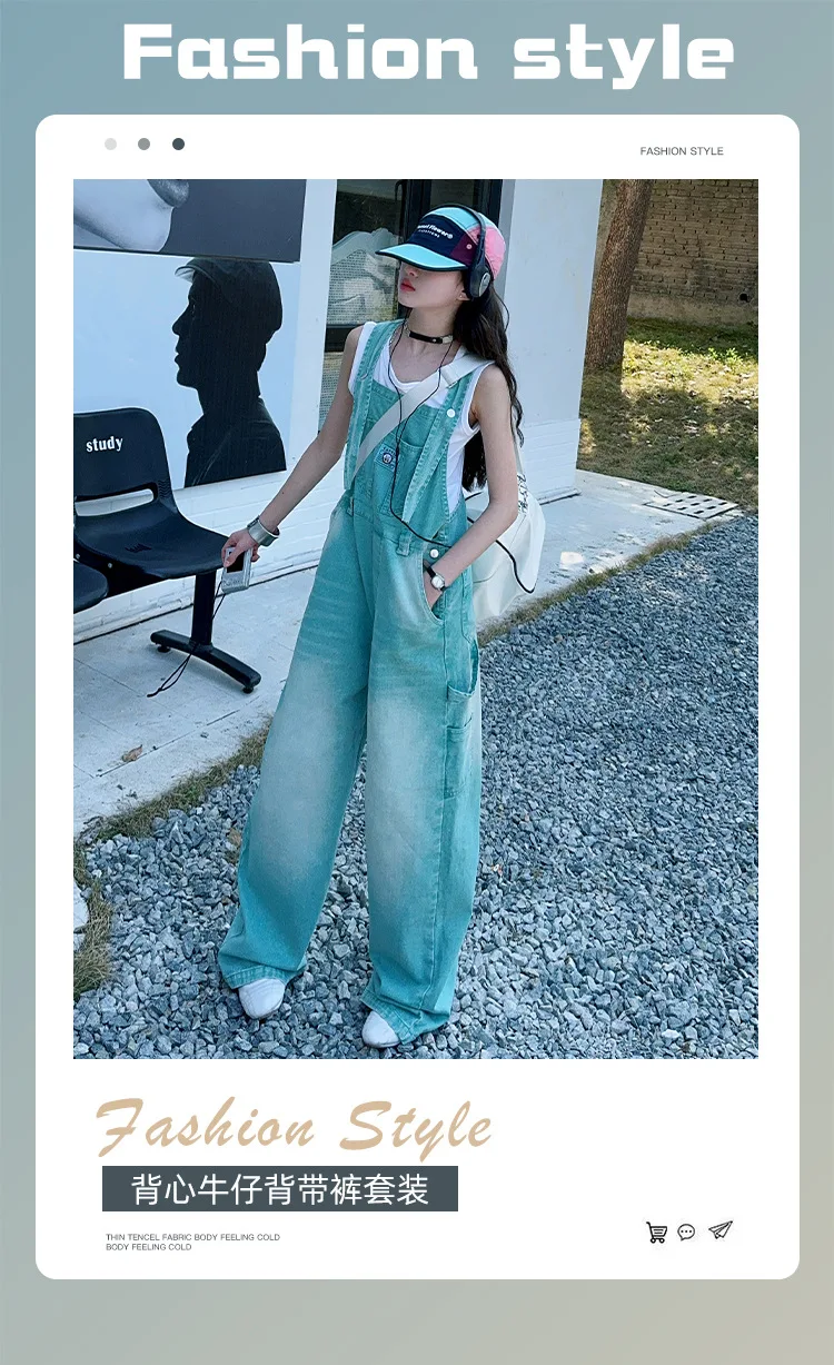 summer teen girls water washed punk wide leg jumpsuit junior kids loose slimming casual Cowboy overalls 4-14 child ropa trousers
