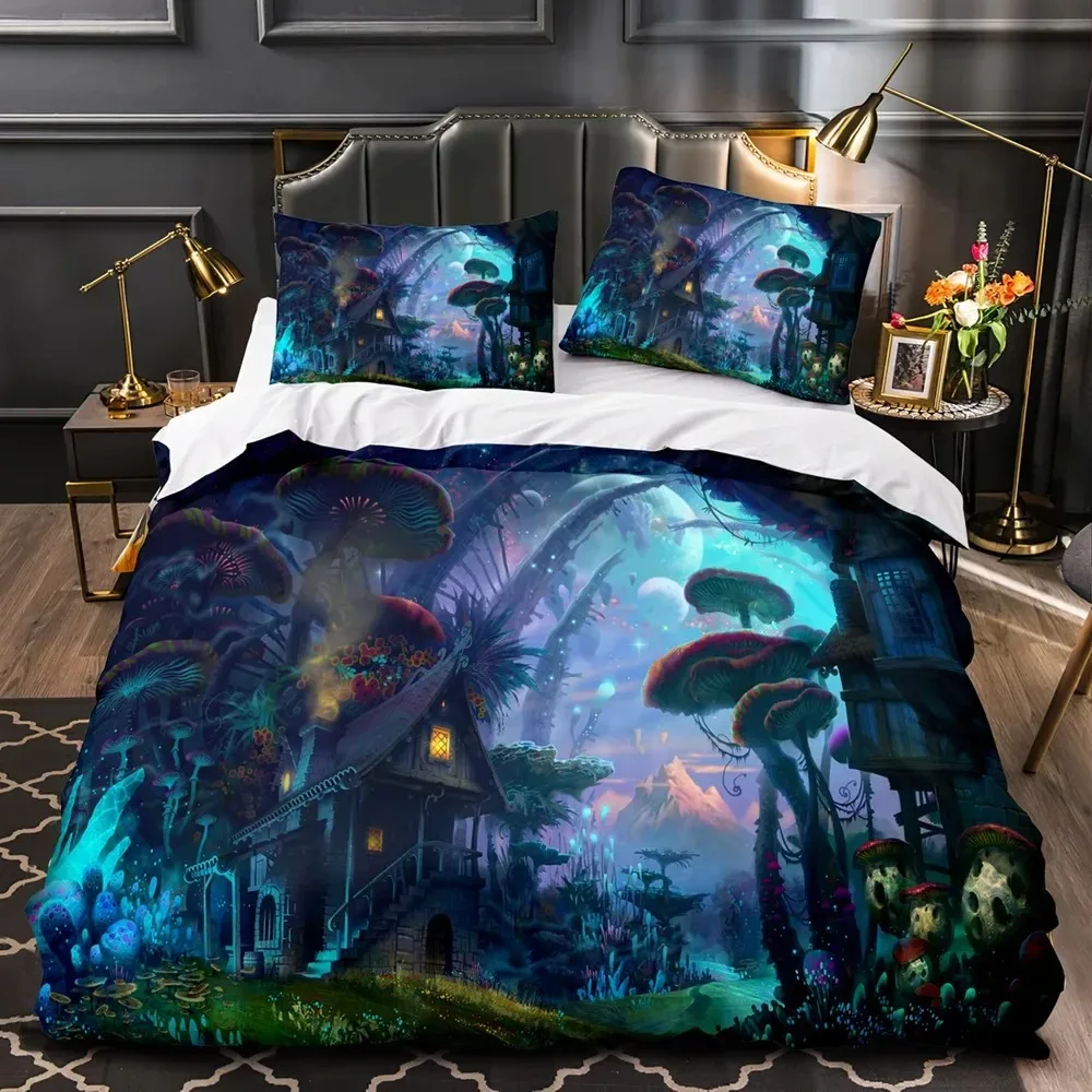 Mushroom Fairy Forest Duvet Cover Magic Lilliputian Cartoon Fungus Plant Bedding Set Fantasy Garden Polyester Comforter Cover 5