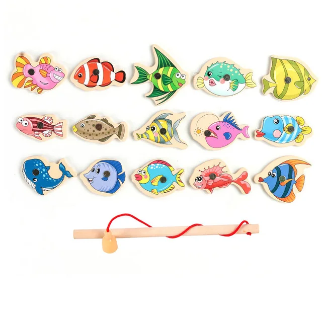Montessori Wooden Magnetic Fishing Toys For Children Cartoon Marine Life Cognition Fish Games Education Parent-Child Interactive 4