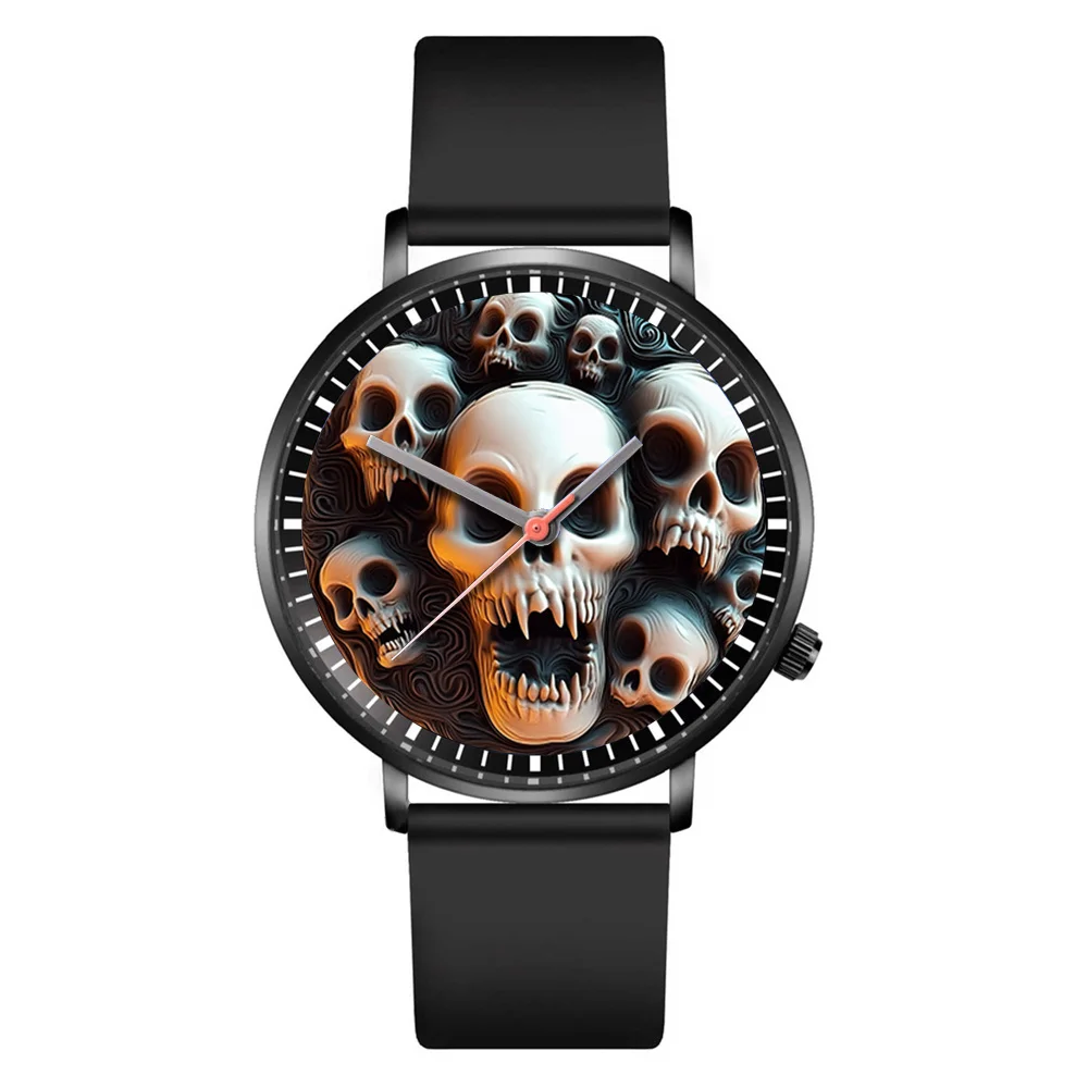 Fashion 2024 Hot White Skull Design Men's and Women's Quartz Watch Casual Black Silicone Gift Clock Wristwatch 6