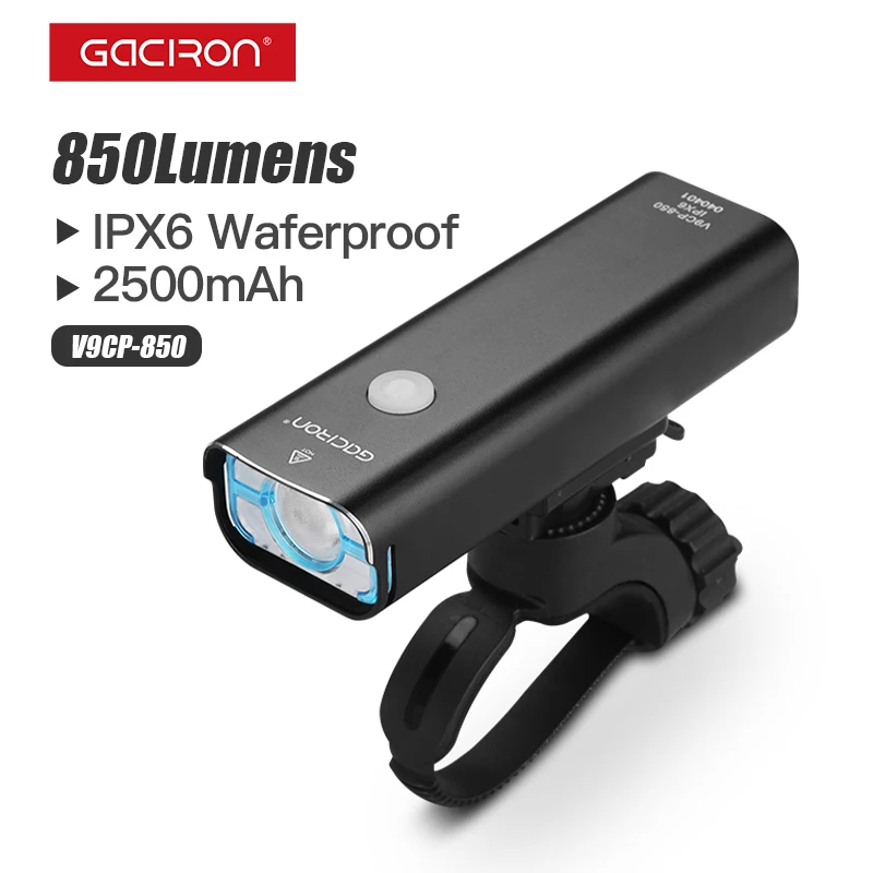 Gaciron soutěž úroveň bicykl lehký 850 lumen řídítka světlomet 5 režimech drát spínač 2500mah IPX6 vodotěsný jízdní kolo přední lehký