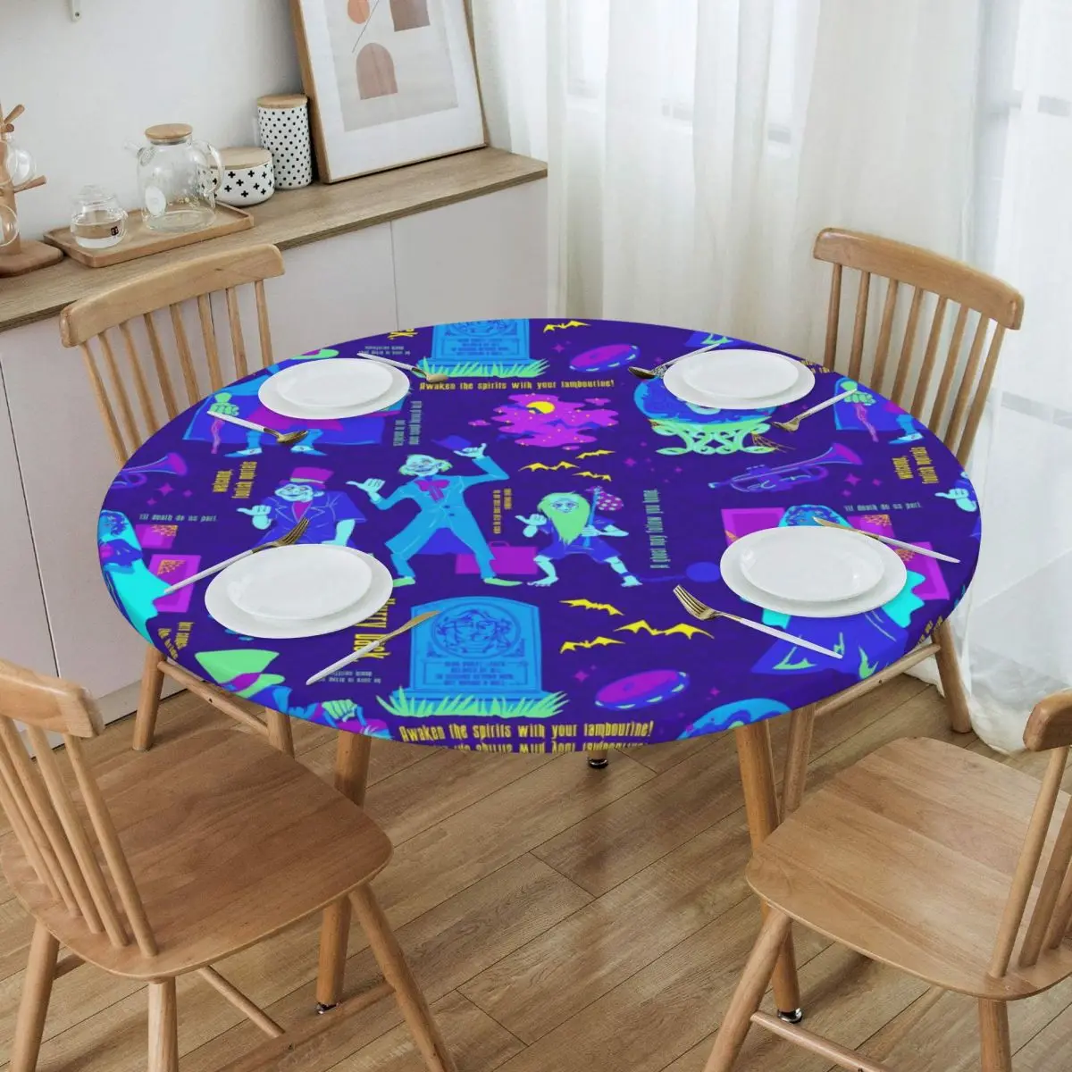 

Waterproof Oil-Proof Happy Haunts Tablecloth Backing Elastic Edge Table Covers Haunted Mansion Grim Grinning Ghost Table Cloth