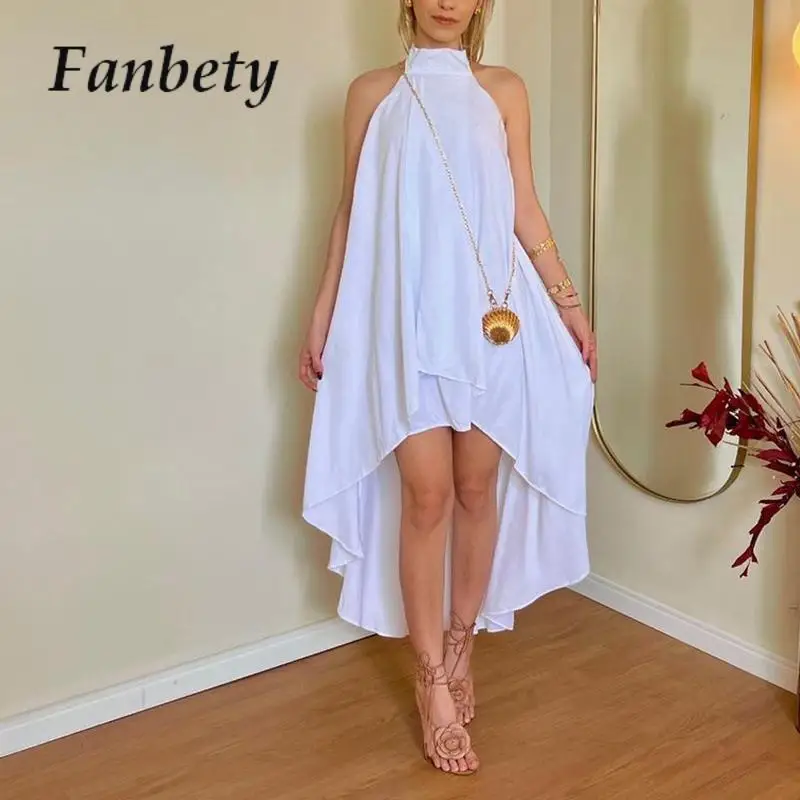

2024 Casual New Irregular Maxi Dress Spring Lady Fashion Bright Solid Color Halter Dress Elegant Loose Backless Sexy Women Dress