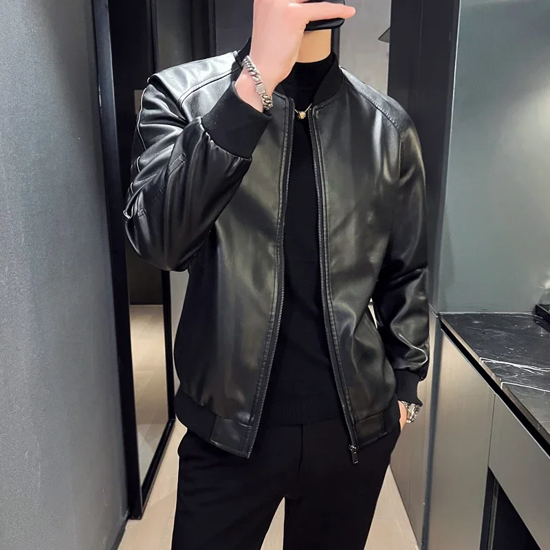 Men&rsquo;s PU Leather Jacket Fashion Baseball Collar Casual Jackets Solid Color Motorcycle Leather Outerwear leather jackets