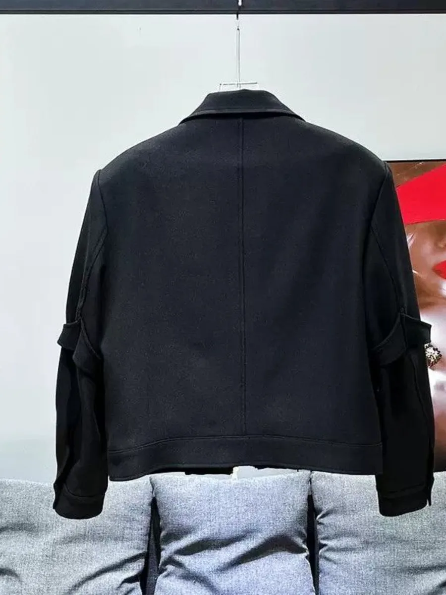 سترة رجالية ريترو أفانت جارد قصيرة بسحاب مع وسادات كتف مفككة معطف ملابس الشارع الشهير للنمط الحضري البارد