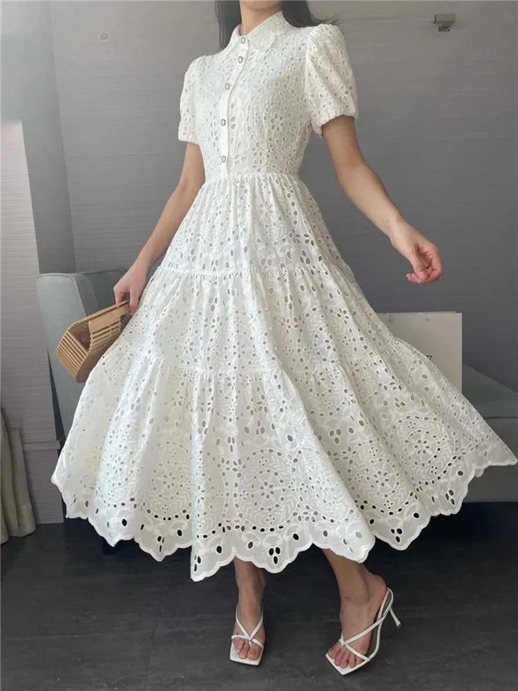 Vintage Elegant Women Summer Embroidery Hollow Out Midi Long