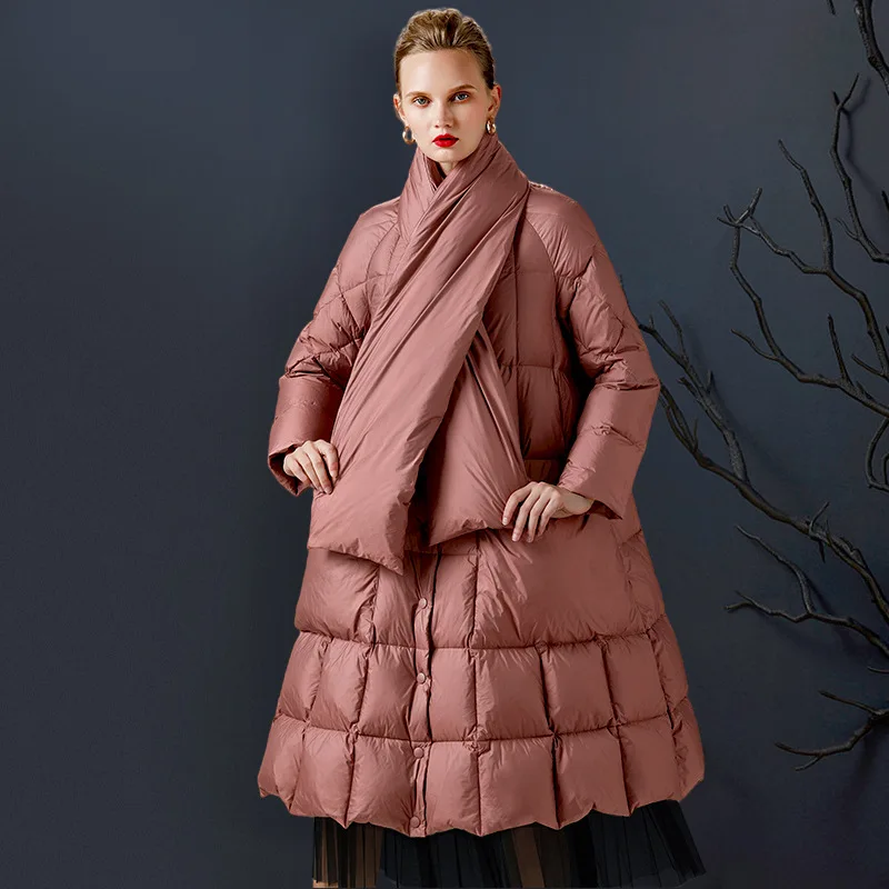 2023 White duck down hooded down jacket for women's mid length winter wear, new style and fashionable down A swing coat