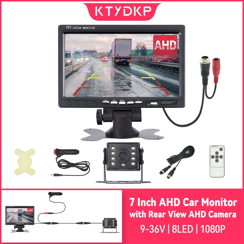 KTYDKP 7 Inch AHD Car Monitor Rear View Camera Truck Trailer Parking Display 12-24V LED Reversing Back up Camera Screen
