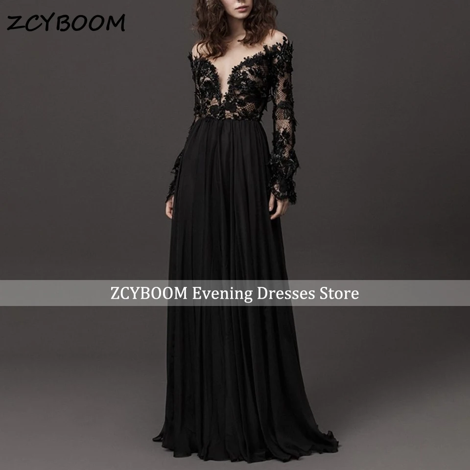

Sexy Illusion Black Lace 3D Appliques A-Line Evening Dresses 2023 Sheer O-Neck Party Long Sleeves Prom Gowns Vestidos De Noche
