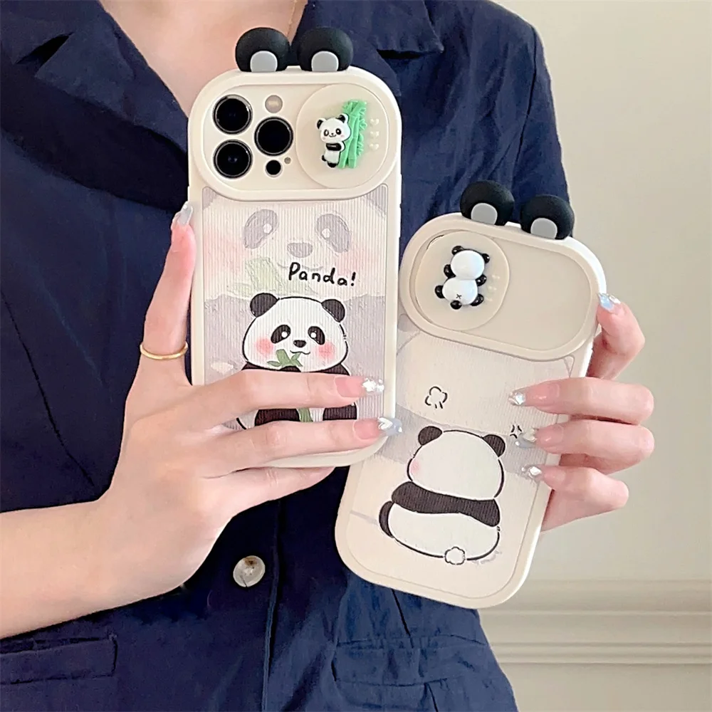 3D Panda Slide Camera Protection Silicone Phone Case with Cartoon Ears and Shockproof Back Cover