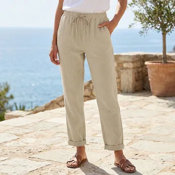 Women's Pants Cotton Linen Solid Color Breathable Lightweight Elastic Waist Fashion Simple Style Casual Straight Leg Trousers
