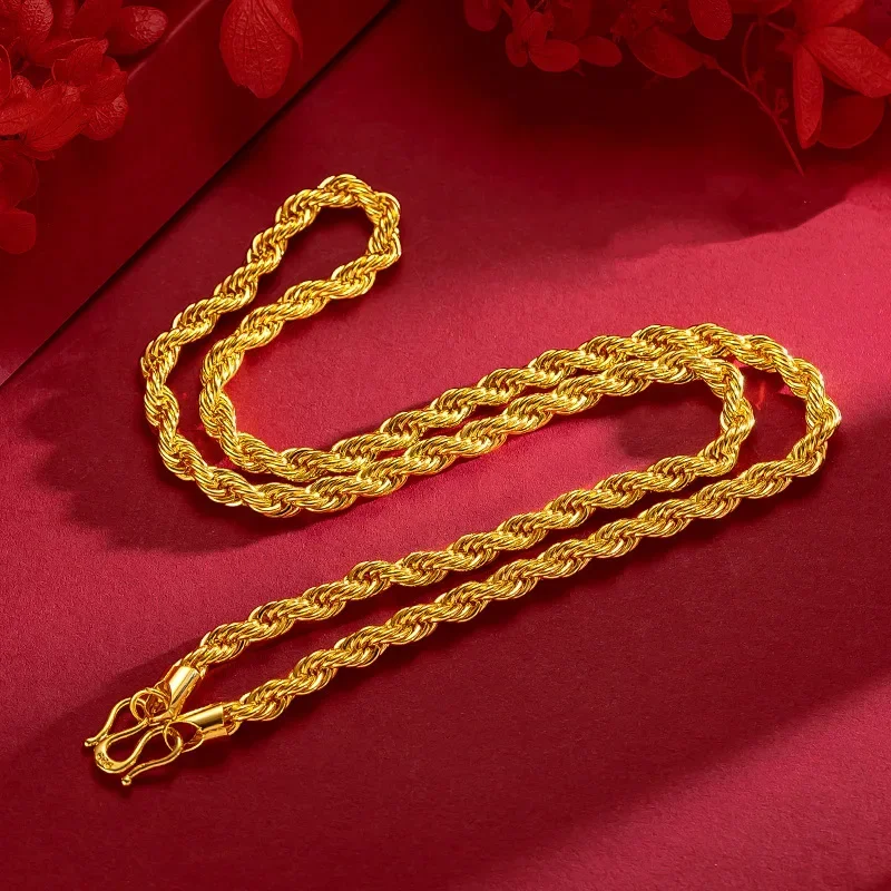 High-Quality 24K 9999 Real Gold Yellow Gold Men's Fried Dough Twists Neck Chain, packed Local Tyrant Head Necklace