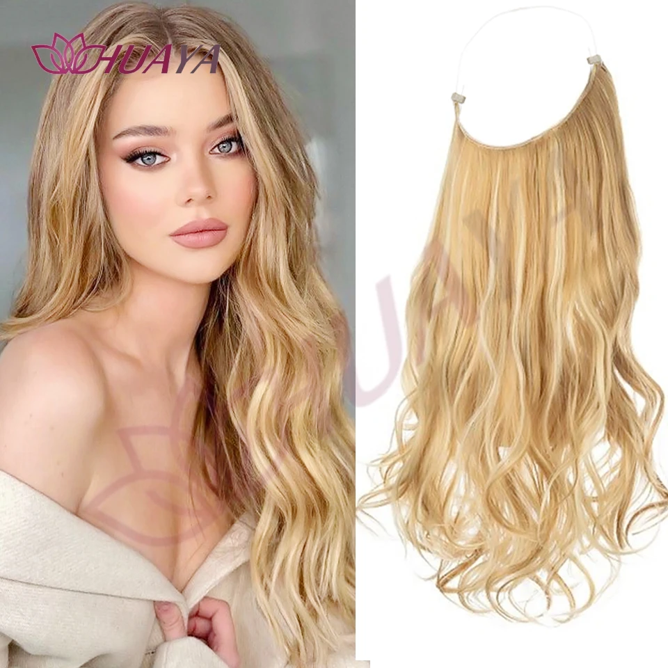 Synthetic No Clip Wavy Hair Extensions Long Natural Black Blonde Brown One Piece False Hairpiece Fish Line Fake Hair Piece