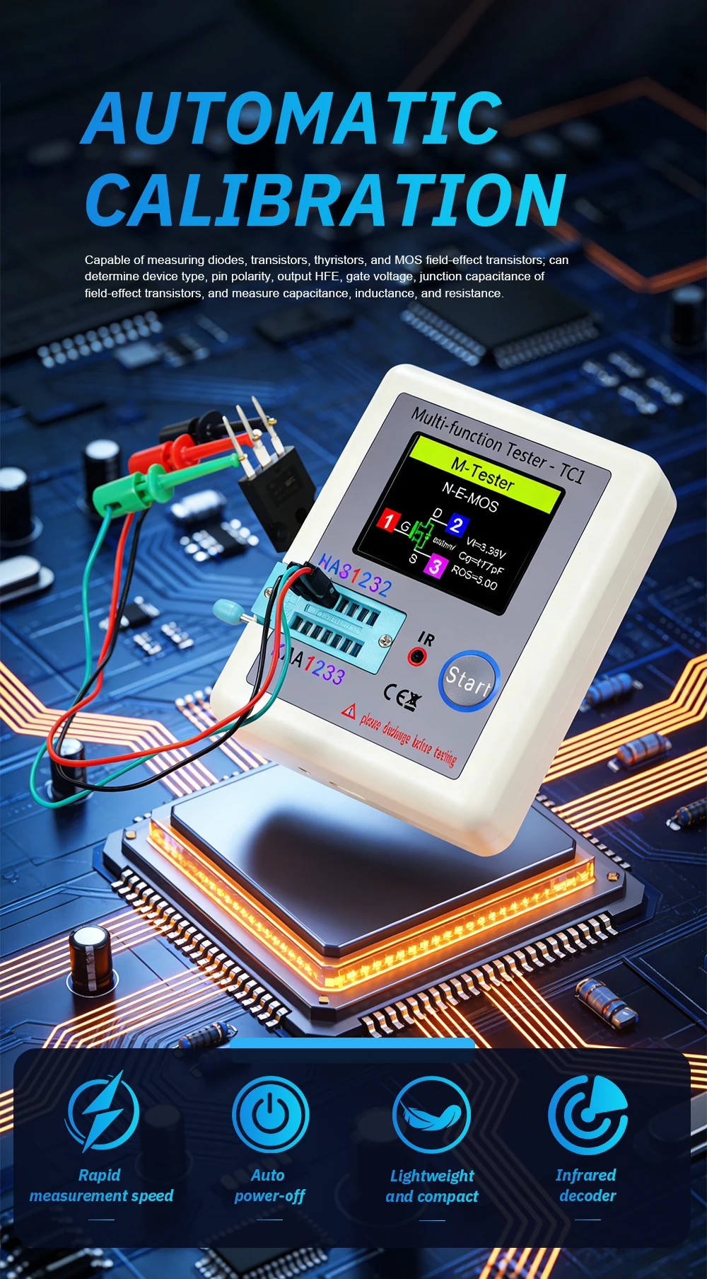 Full Color Transistor Tester Handheld Multi-Function Analyzer for Diodes, Triode