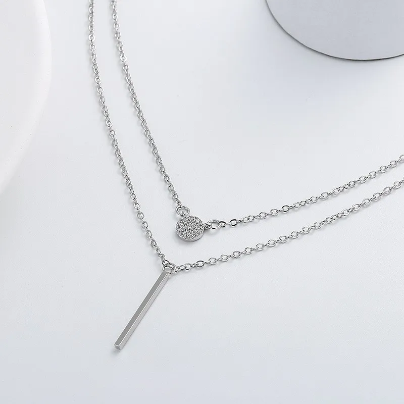 Double Layer Silver Color Shiny Zircon Long Square Pendants Necklace for Women Trendy Sweater Necklaces Jewelry Gifts