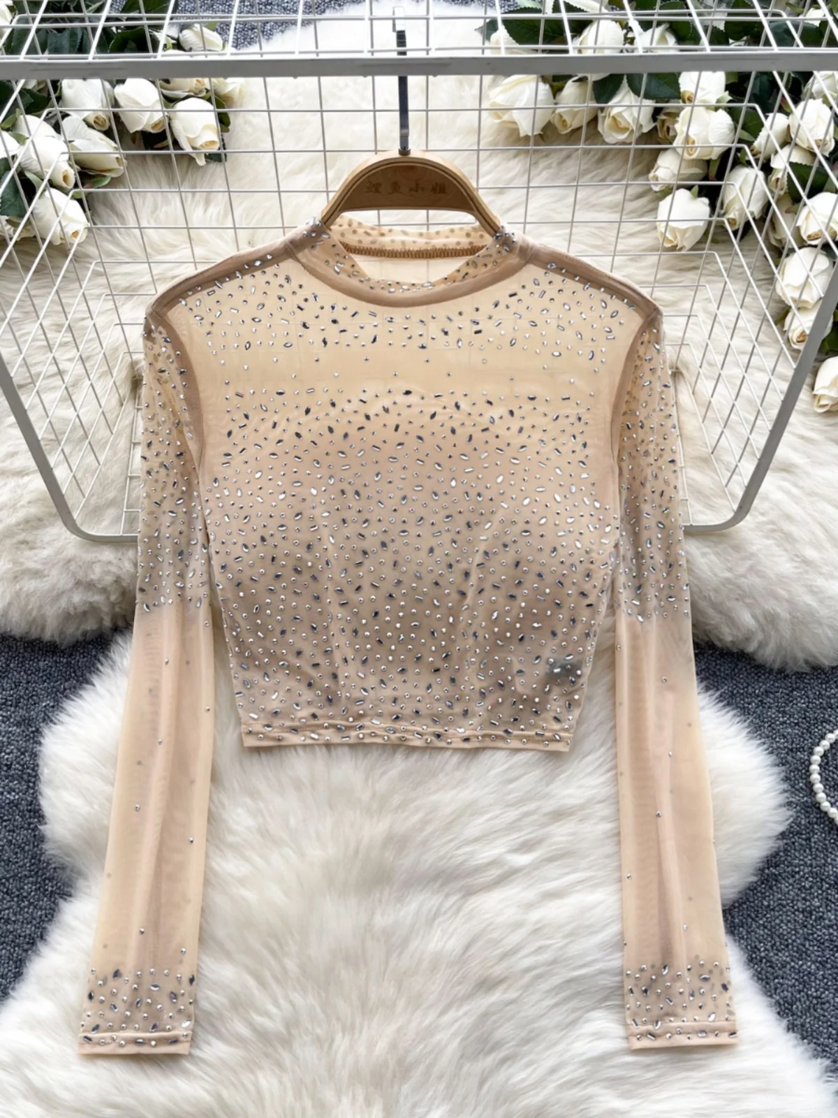 Women's Sexy Thin See-tough Long Sve Me T-irt ort Heavy-du Rhinestone Base irt Korean Sle Creative Pattern