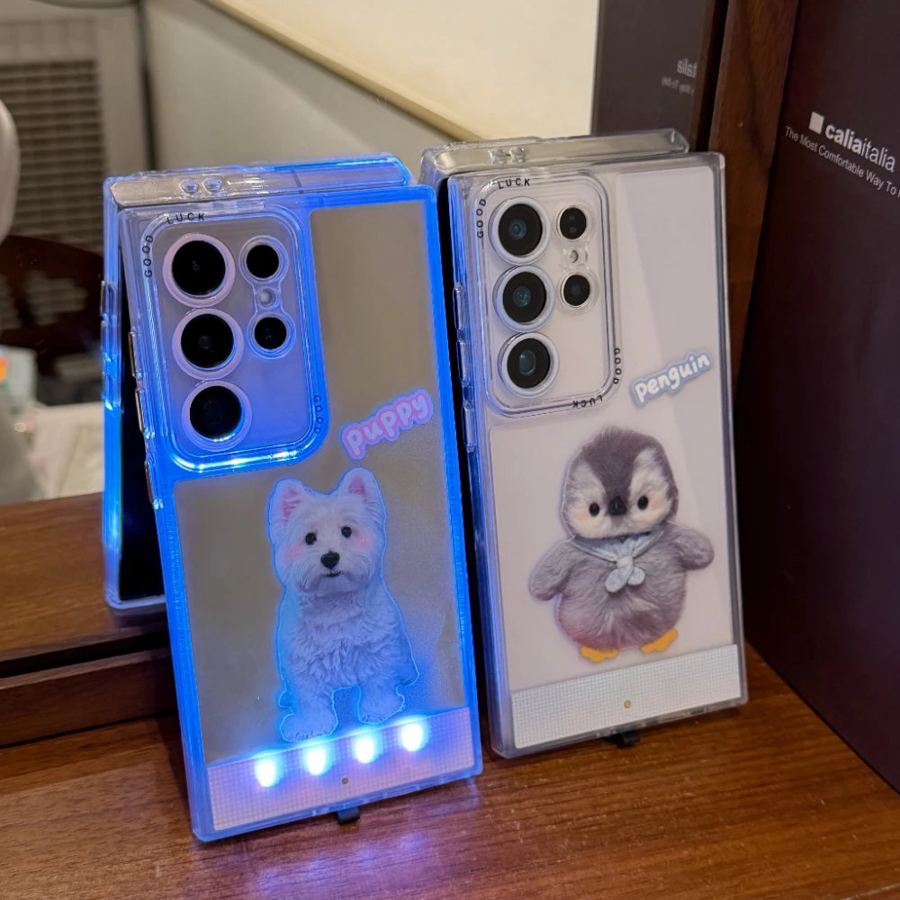 Luminous Flashing Penguin Puppy Phone Case with Glowing Light-Up Design