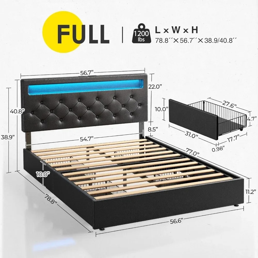 NEW-Rolanstar Full Size Bed Frame with LED Lights and USB Ports, Upholstered PU Leather Bed with Adjustable Headboard and 4 Stor