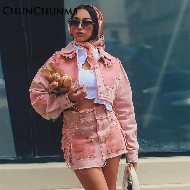 

Street Denim Lapel Button Jeans Jacket Patch Irregular High Waist Skirt 2 Piece Set Women Outfit Hipster Trend Crop Coat Dress