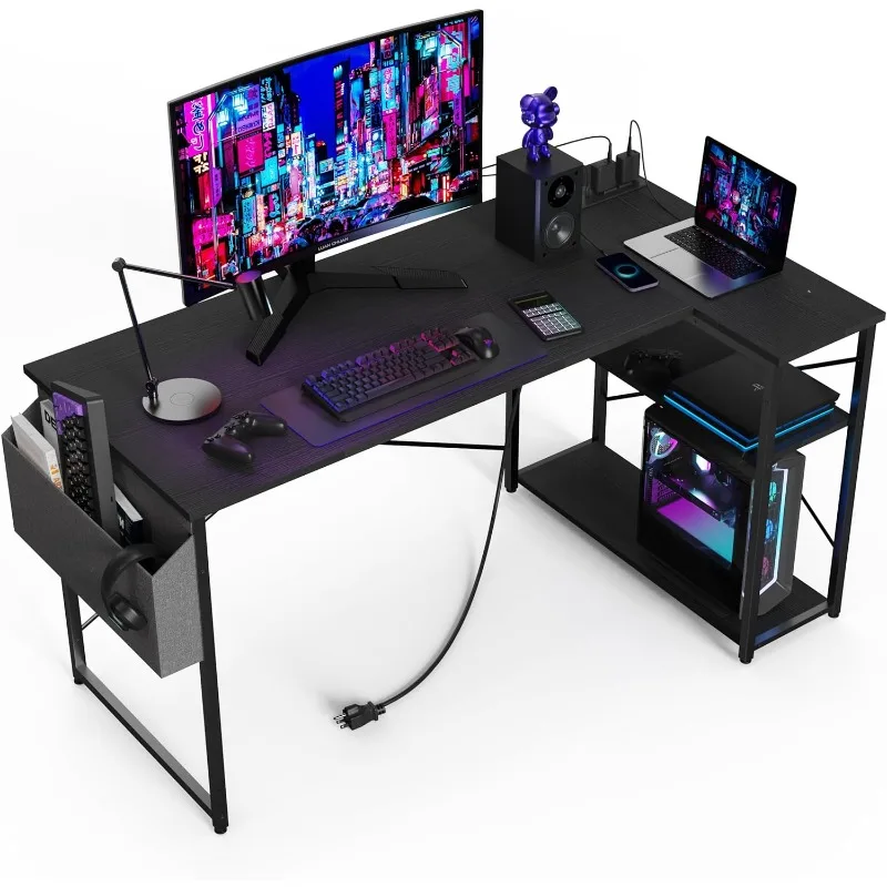 Small Computer with Power Outlets, 40 Inch L Shaped Desk with Reversible Shelves, Gaming Desk Corner