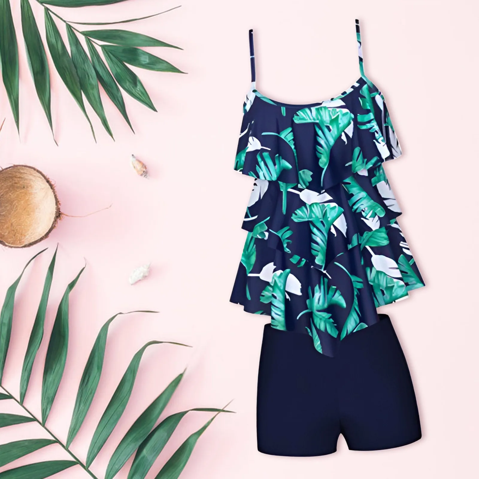 

Women 2 Piece Flounce Printed Top With Boyshorts Swimwear Bikini Set