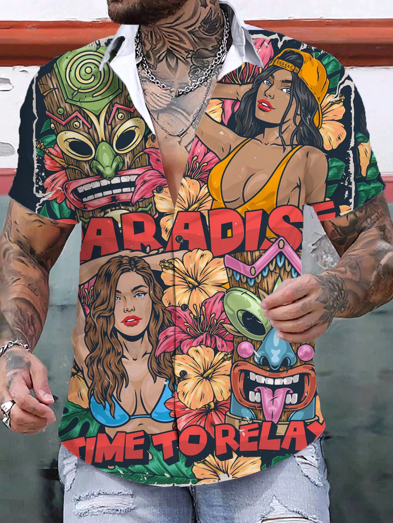 

Hawaiian Tiki Men's Shirts Summer Totem 3D Print Short Sleeved Top Oversized Seaside Holiday Single Breasted Casual Clothing