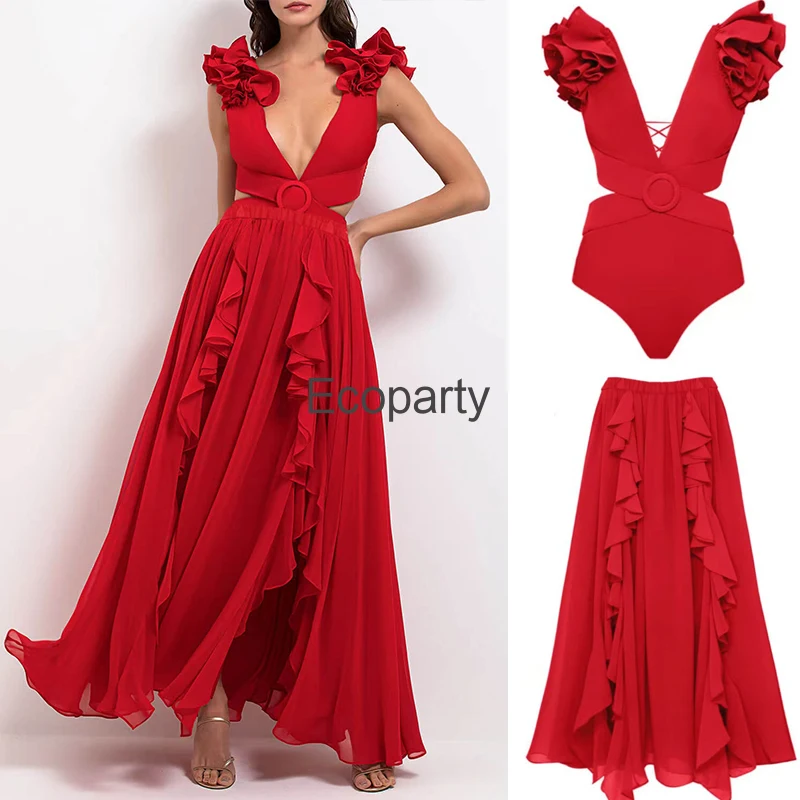 

Women's Two-Piece Swimsuit 3D Flower Design Hollow Bikini Bodysuit High Waist Long Dress Set Summer Fashion Swimwear Beachwear