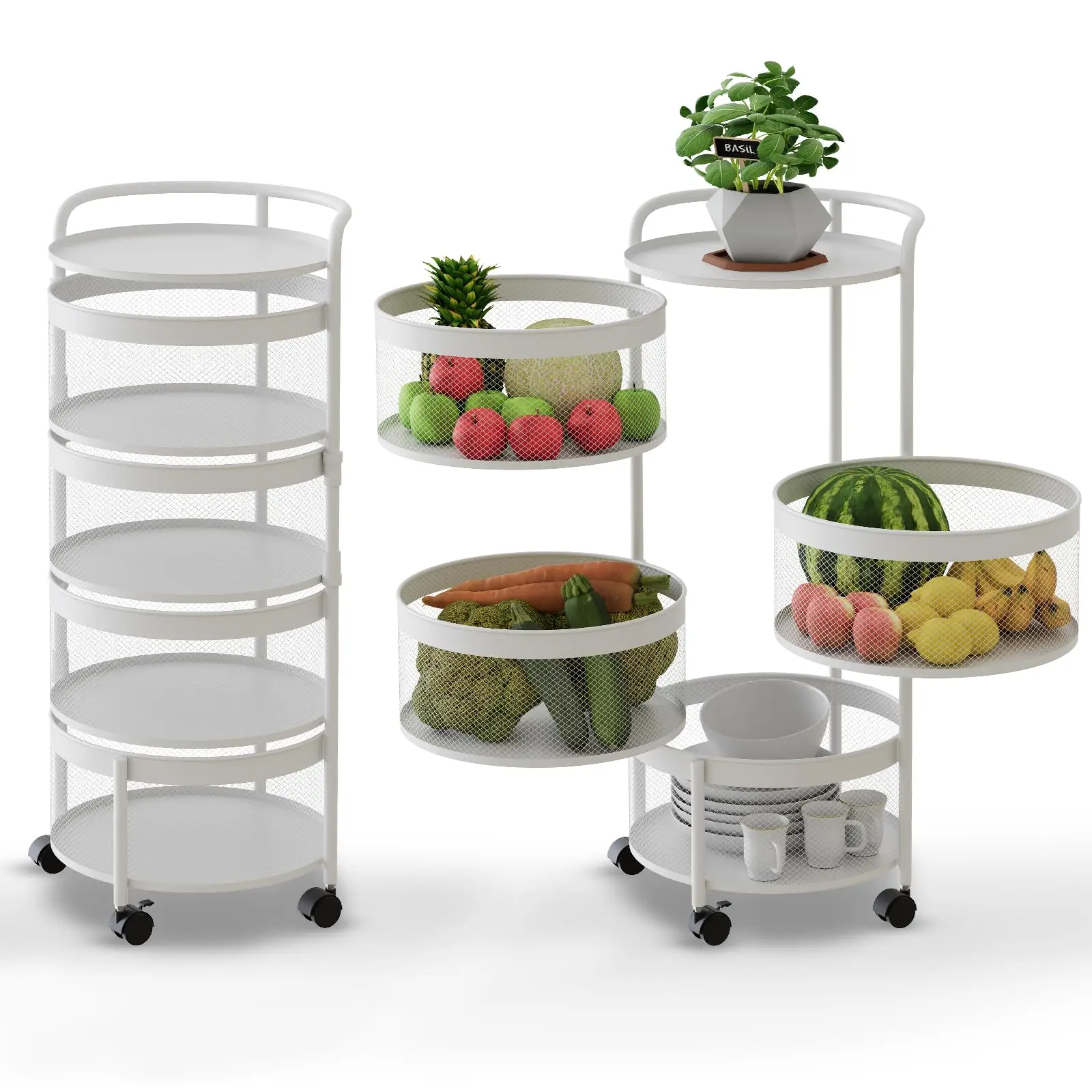 

360Rotating Storage Harmony: Fruit and Vegetable Storage Baskets, Multi-Layer Shelf in White (4-Tier)