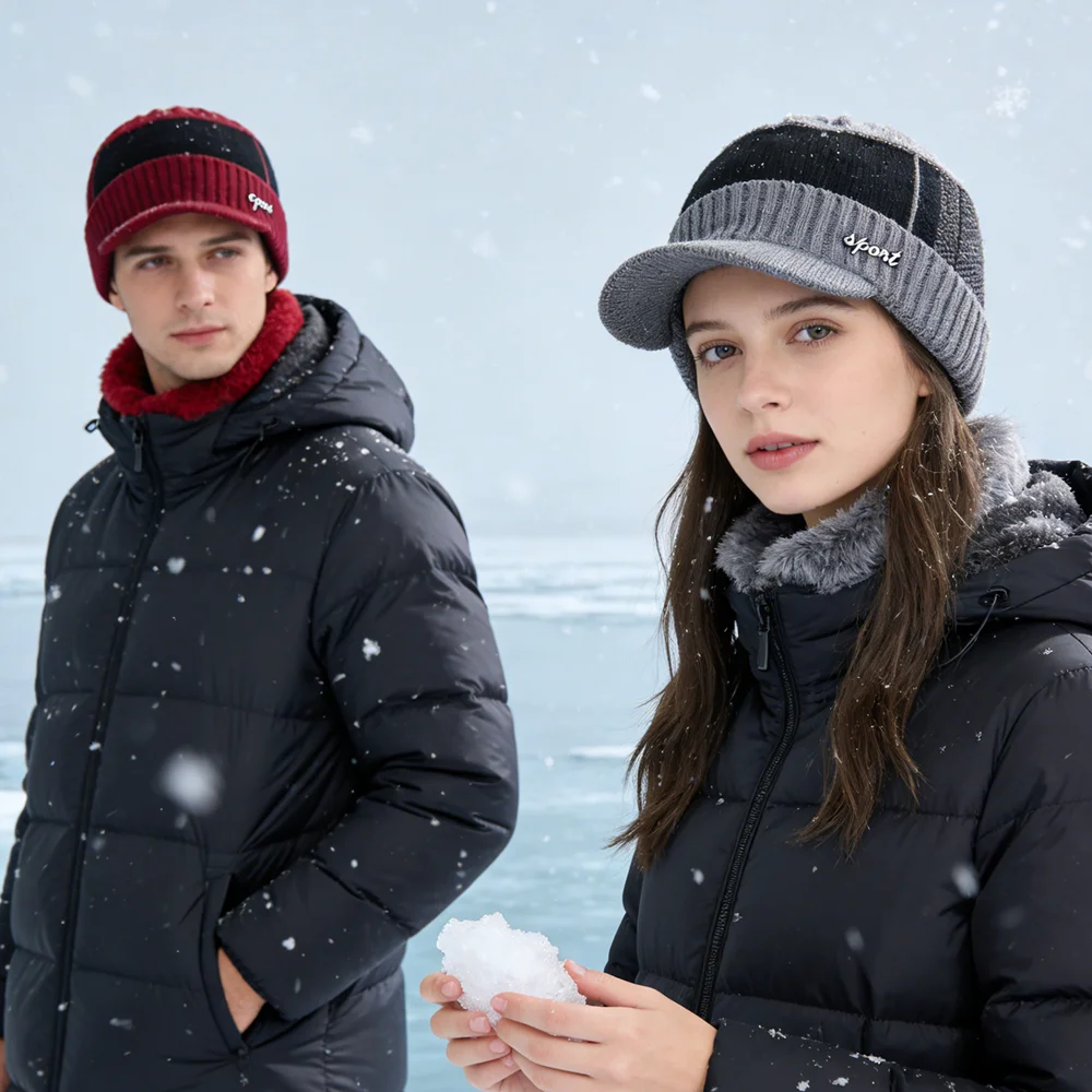 Unisex Classic Warm Winter Hat With Brim Plush Fur Lined Knit Cap Sports Label Thicken Winter Hats For Men Women