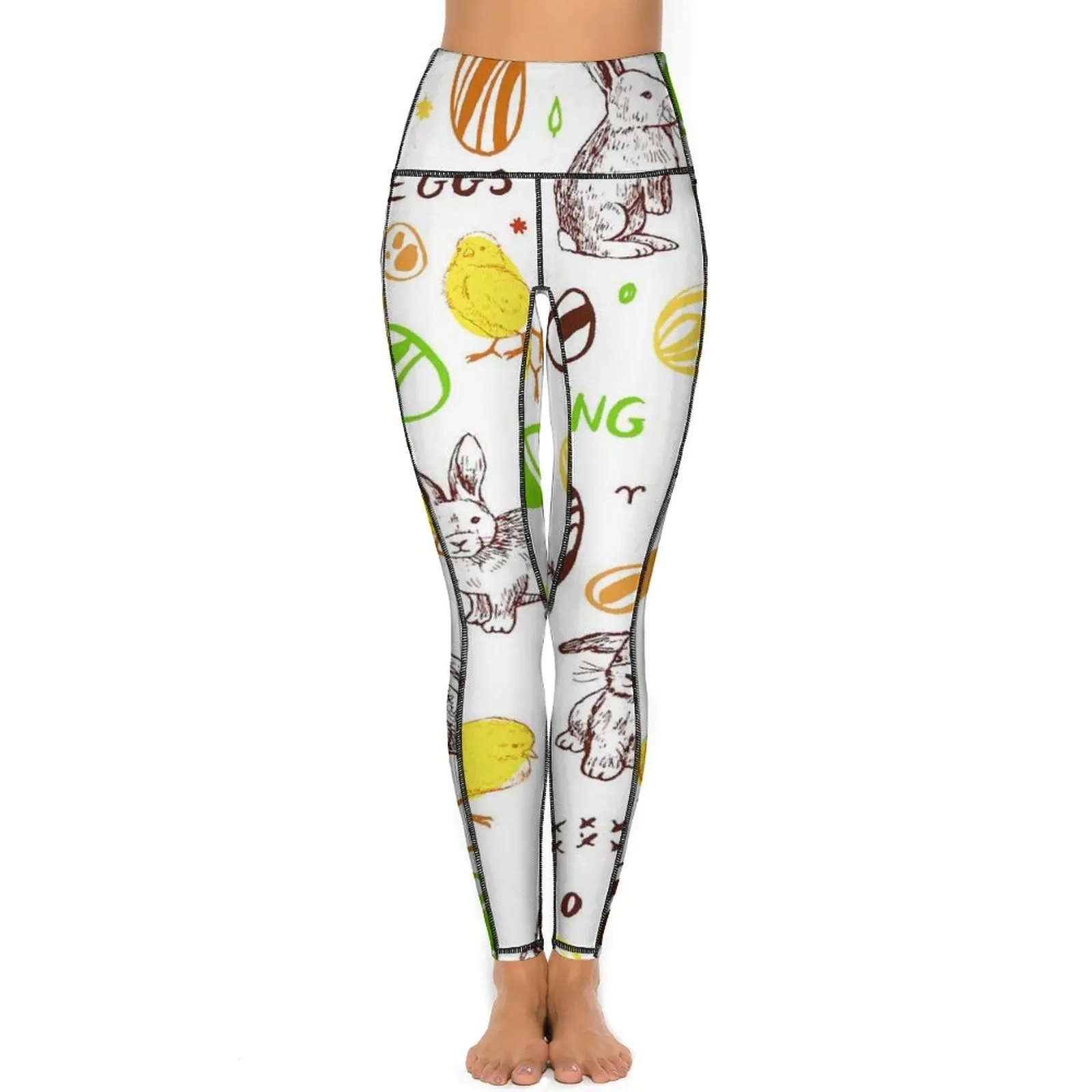 Spring Easter Leggings Sexy Eggs Bunnies Art Print High Waist Yoga