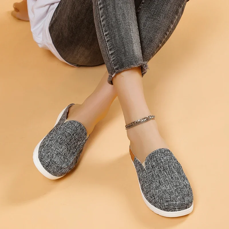 Woman Loafers Black White Cow Print Canvas Mule  Fashion Slip-on Leopard Sneakers Ladies Casual Flat Sport Slippers Plus Size 5