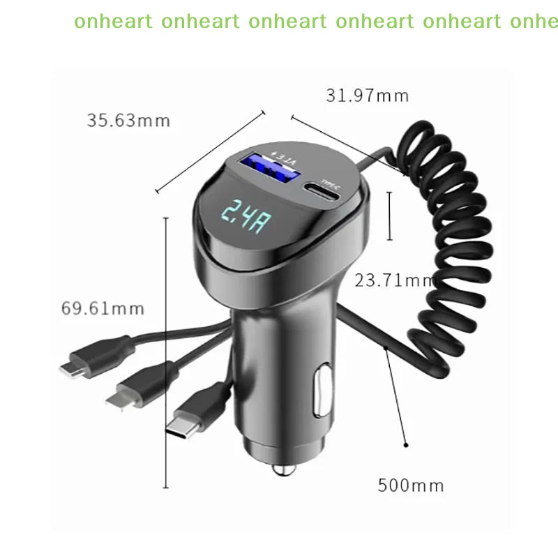 [C]2포트 USB 고속 차량용 휴대폰 충전기 3.1A 전압 디스플레이 차량용 3in1 USB 접이식 충전 케이블 (트럭, 자동차, 차량용)